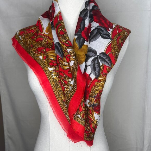 Stunning Vintage Floral Rose Print Scarf 30" Red Yellow Cottage Retro Art - Picture 4 of 9